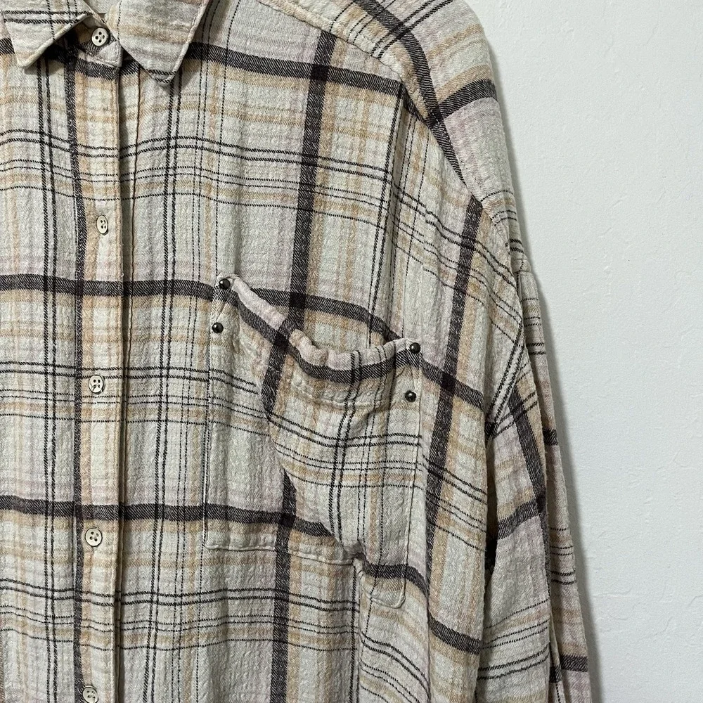 Free People Hidden Valley‎ Plaid Oversized Button Up Shirt Size M Boho Western